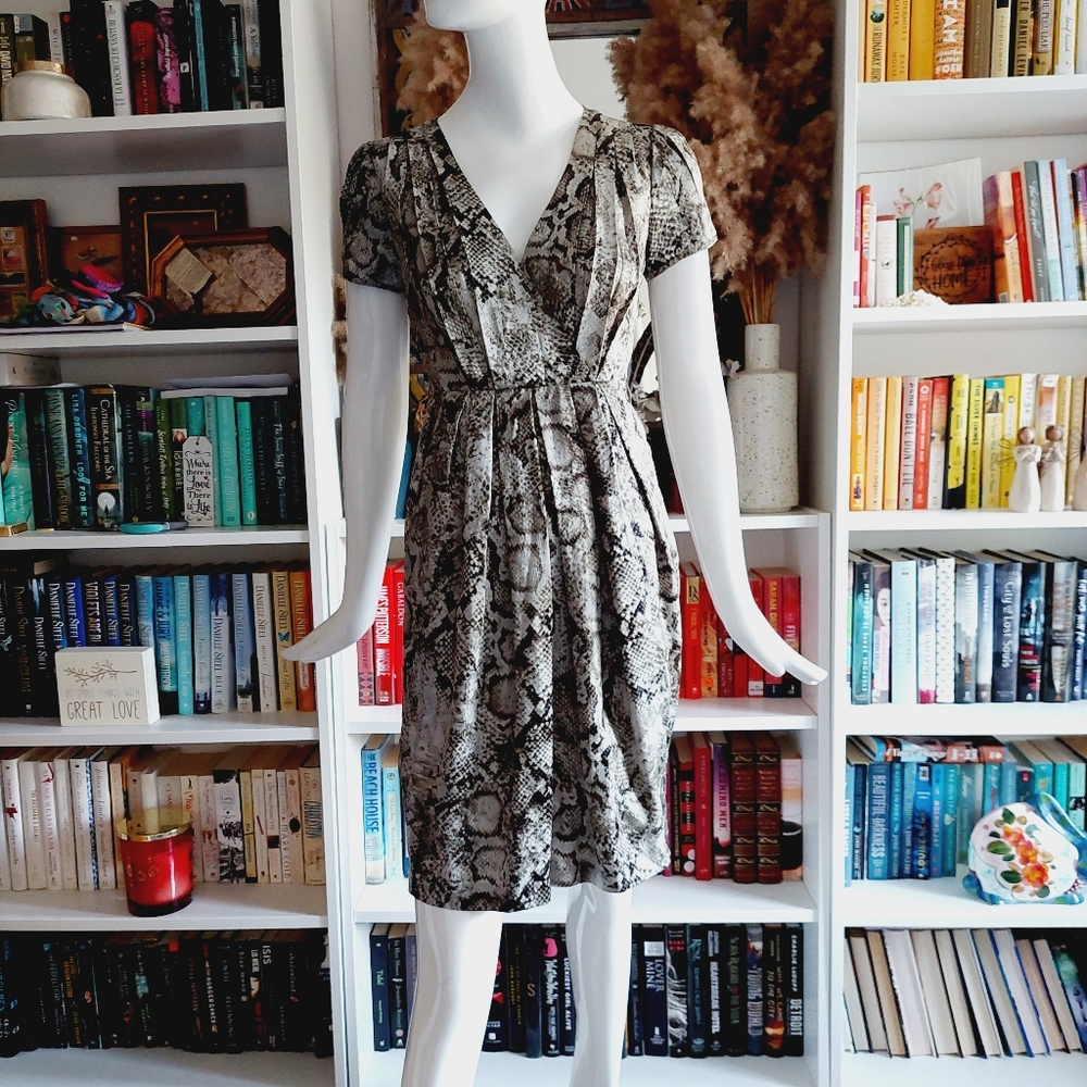 BCBG MaxAzria Snake Pattern Geometric V-neck Short Sleeve Silk Dress P4276